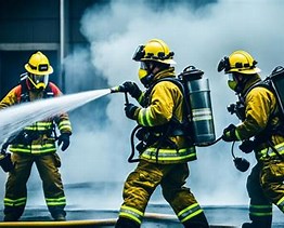 Três profissionais a utilizar um carretel para extinguir um foco de incêndio